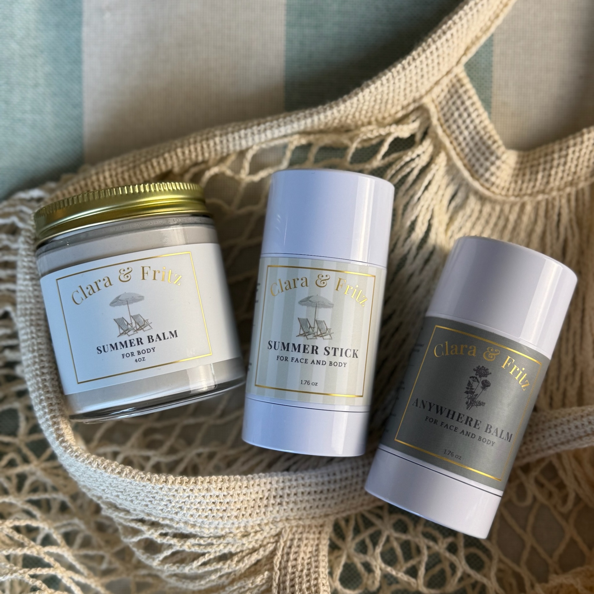 Sun-kissed Trio — Summer Stick, Summer Balm and Anywhere Balm in golden hour light